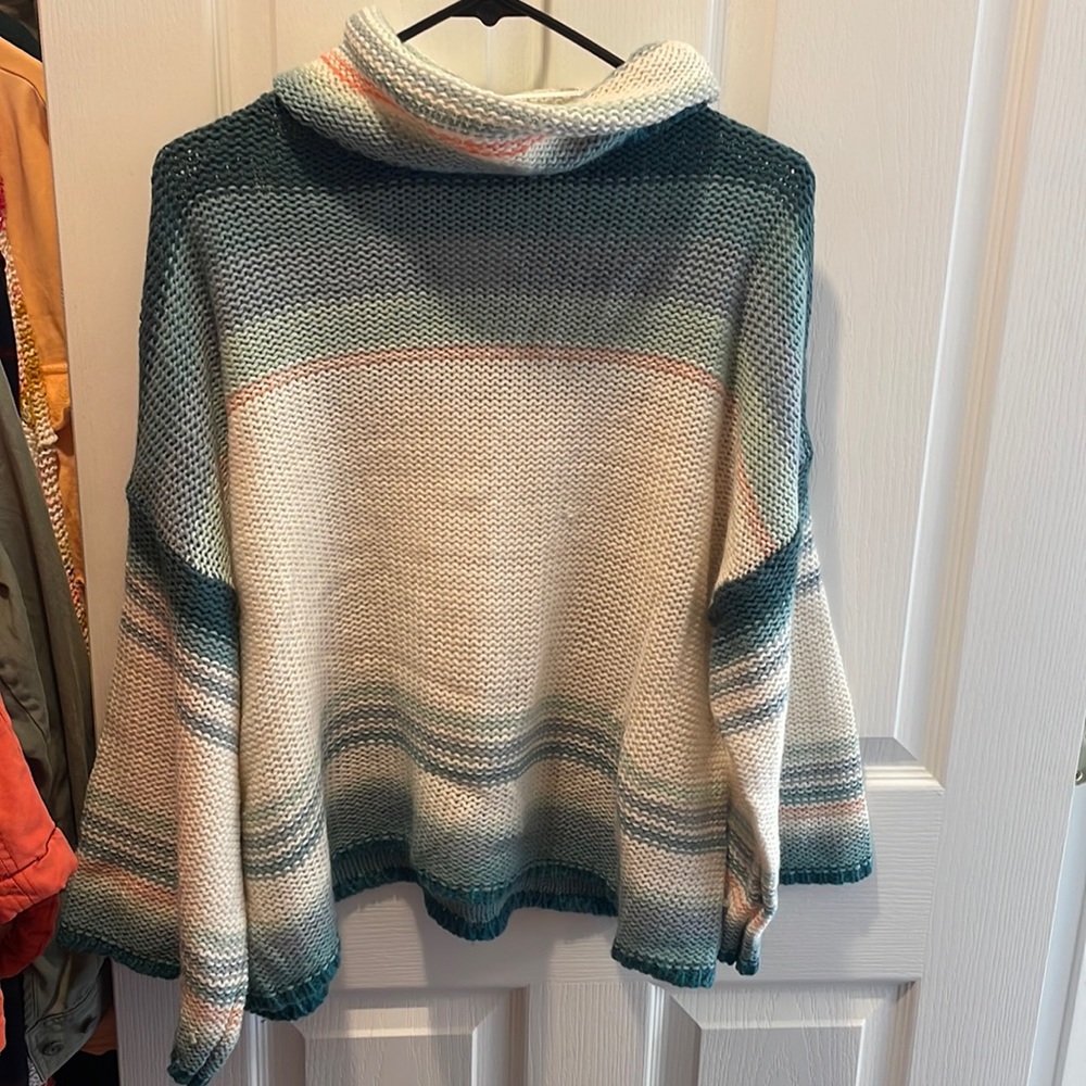 EUC Anthropologie Turtleneck Bell Sleeve Sweater Multi Stripe Large Wool Blend